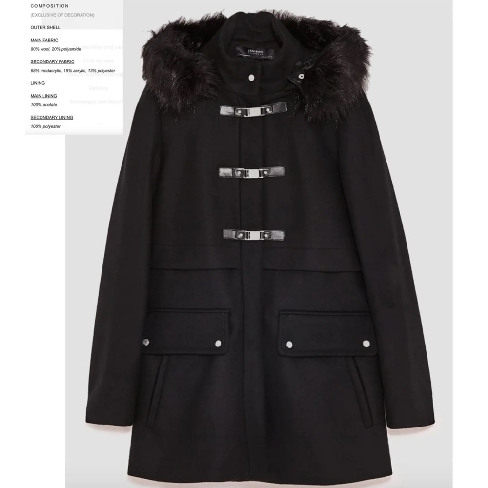 ZARA THREE QUARTER LENGTH WOOL COAT WITH COMBINED HOOD 8298/163